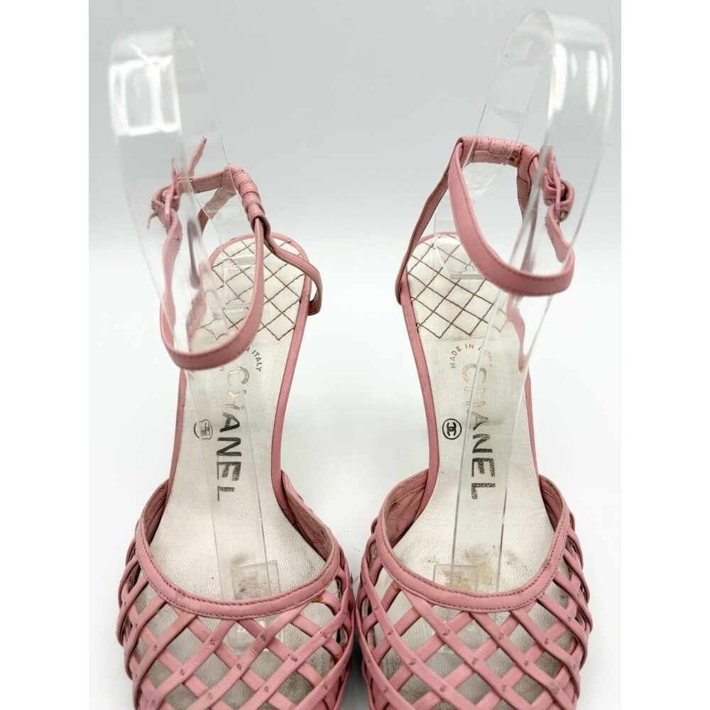 Chanel Pink Basketweave Leather CC Logo Ankle Strap Heels D'Orsay Sz EU 35.5 - Picture 7 of 12